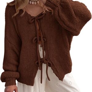 Brown Knit Sweater with Bow Details